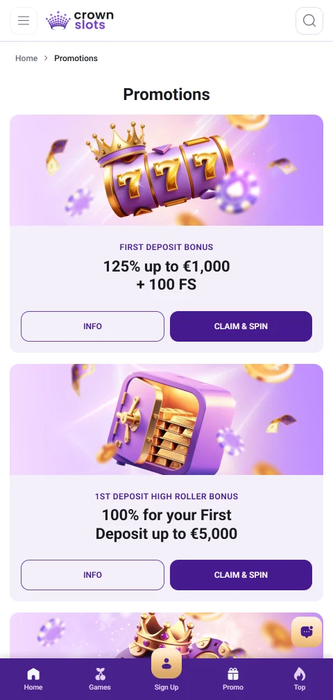 CrownSlots Casino fully responsive mobile interface accessible on iOS and Android devices