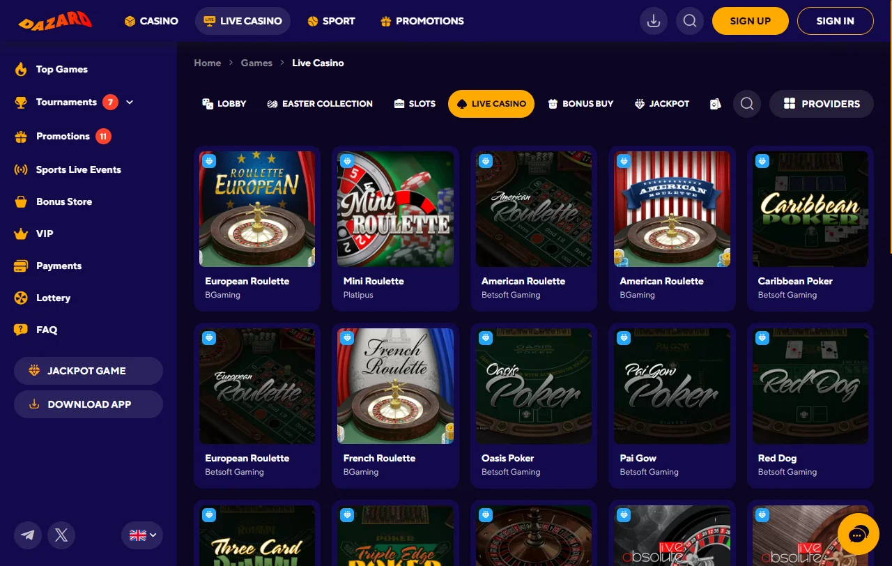 Dazard Casino game library featuring approximately 5,000 titles from Evolution Gaming and Pragmatic Play providers