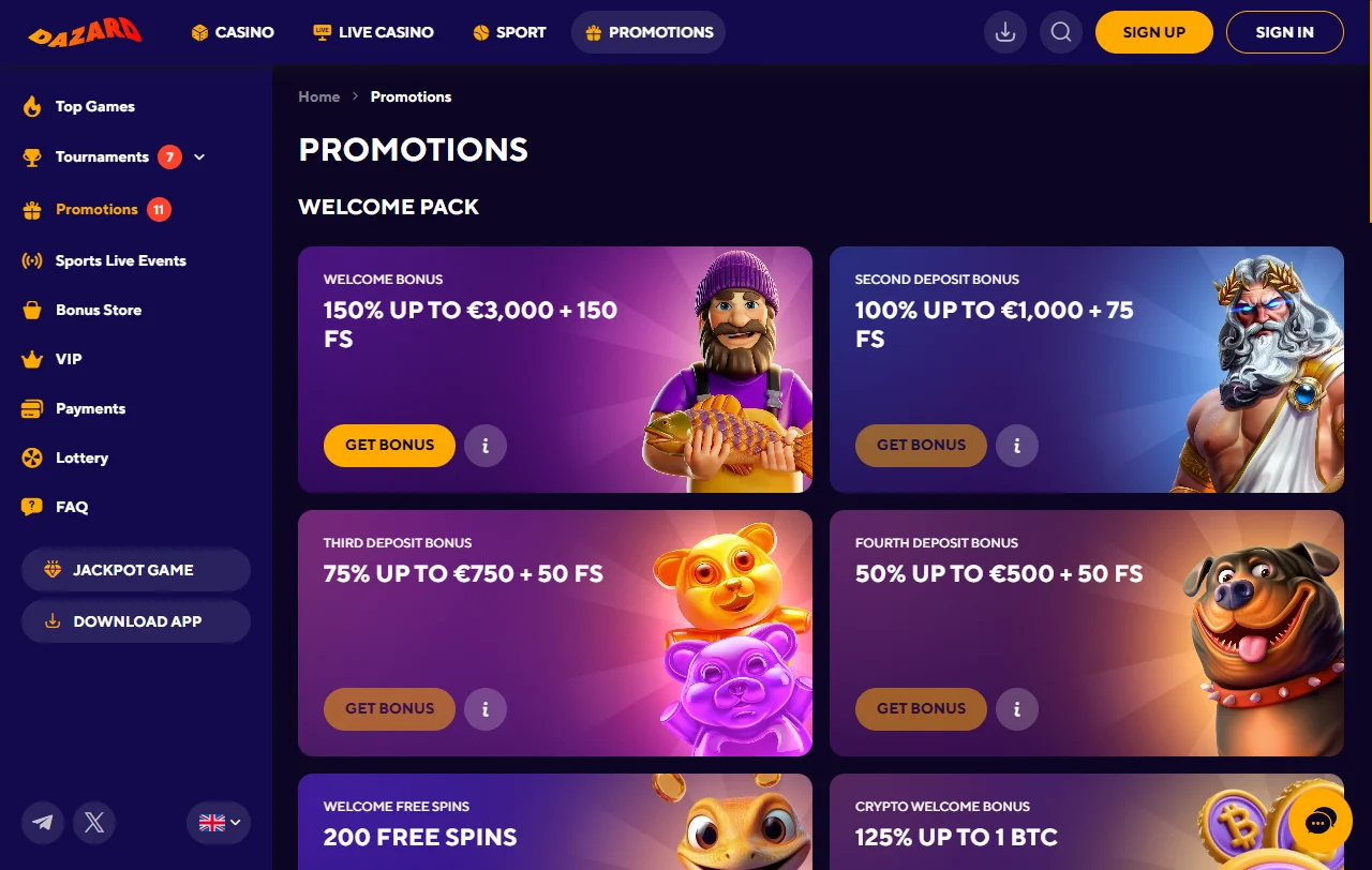 Dazard Casino welcome bonus structure offering approximately 100% match up to AUD 500 plus free spins