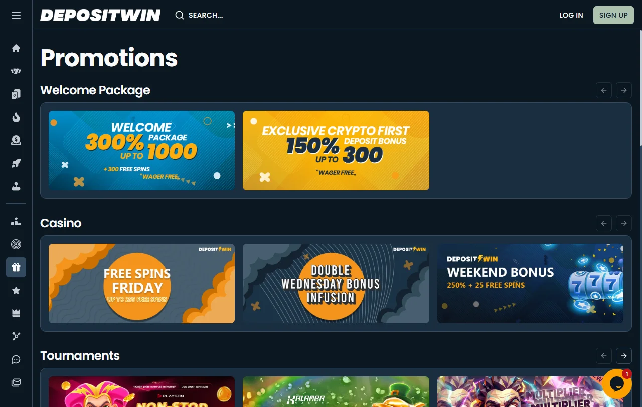 Diverse game library at DepositWin Casino featuring slots, table games, and live dealer titles from 40+ providers