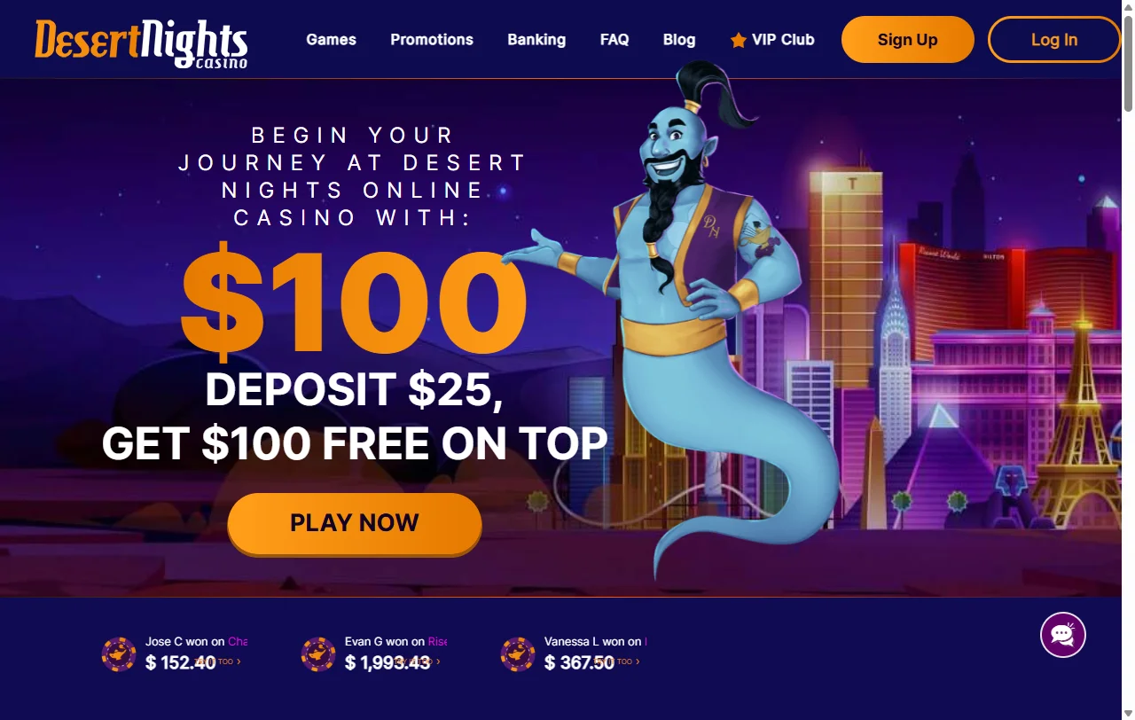 Desert Nights Casino platform homepage displaying game library and welcome bonus offer for Australia players