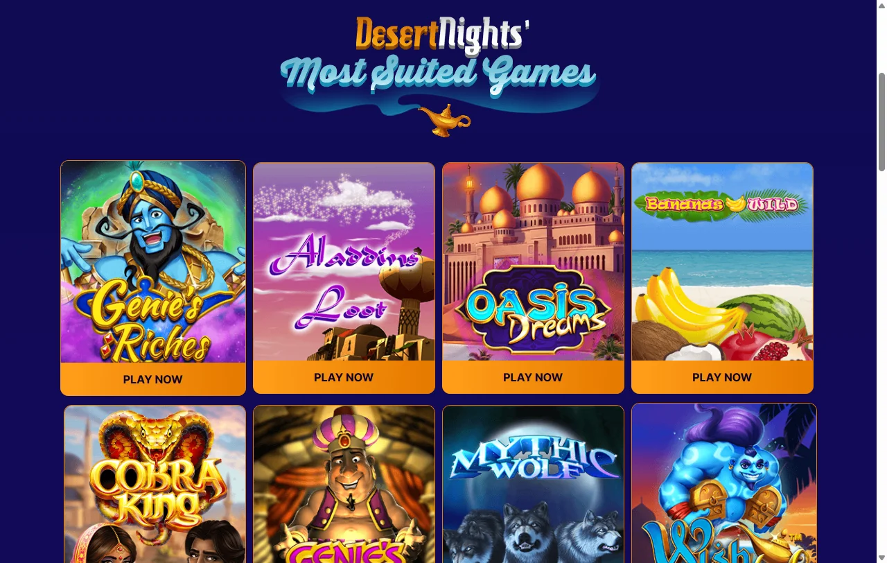 Slots and table games selection at Desert Nights Casino featuring NetEnt, Pragmatic Play, and Evolution Gaming titles