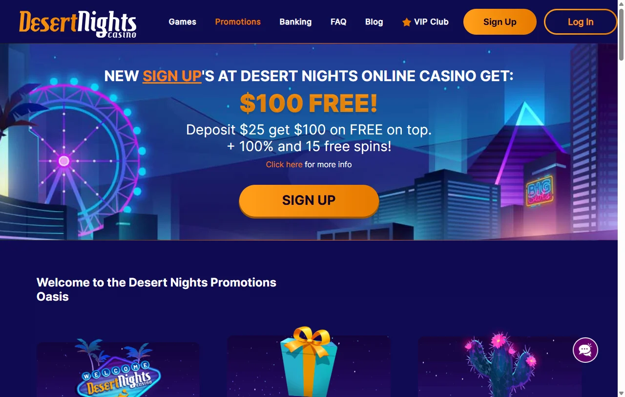 Welcome bonus promotion details and ongoing rewards program at Desert Nights Casino
