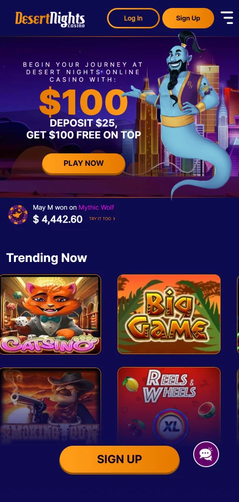 Desert Nights Casino mobile browser interface showing responsive design and game access on smartphone