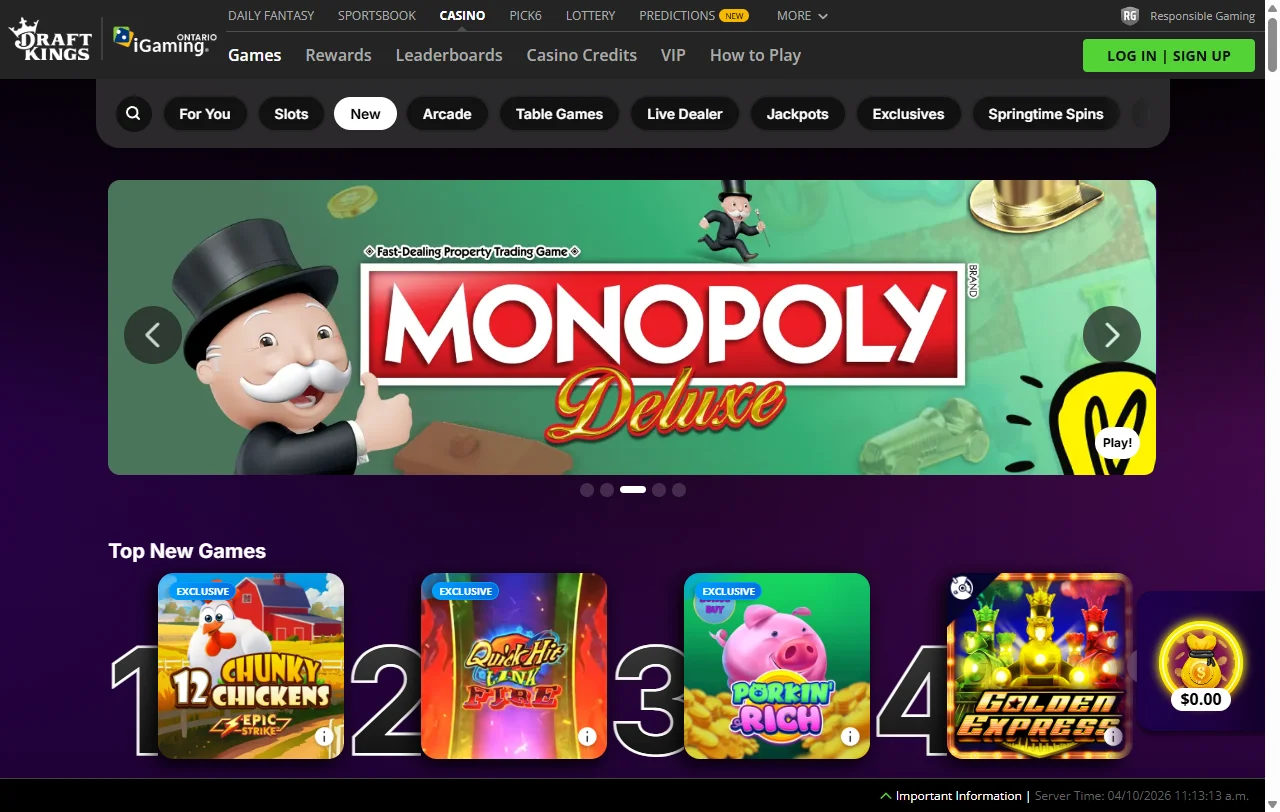 DraftKings Casino game library displaying 3,500+ slots and table games from Evolution Gaming and Pragmatic Play