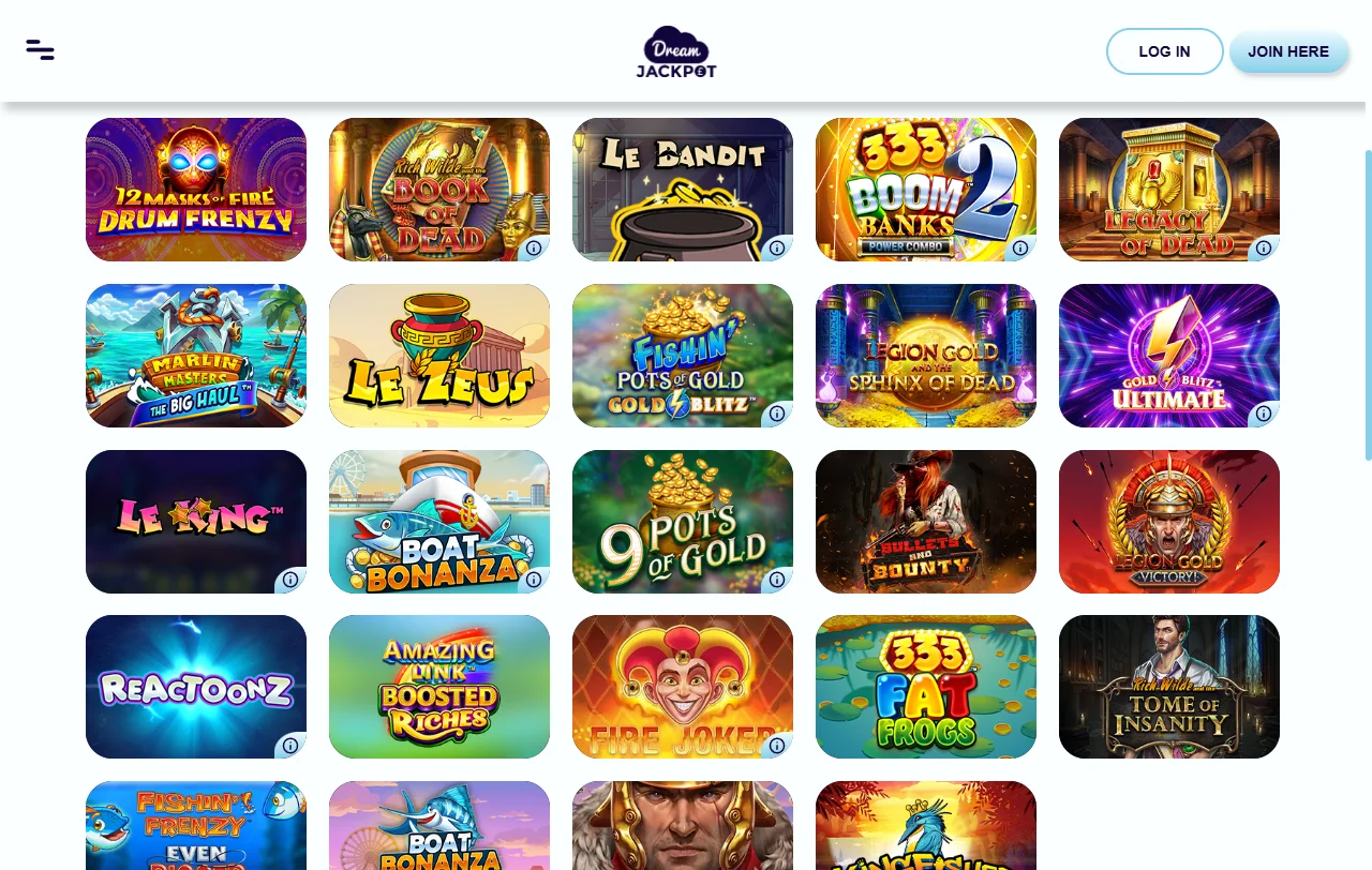 Extensive game library featuring slots, table games, and live dealer options at Dream Jackpot Casino