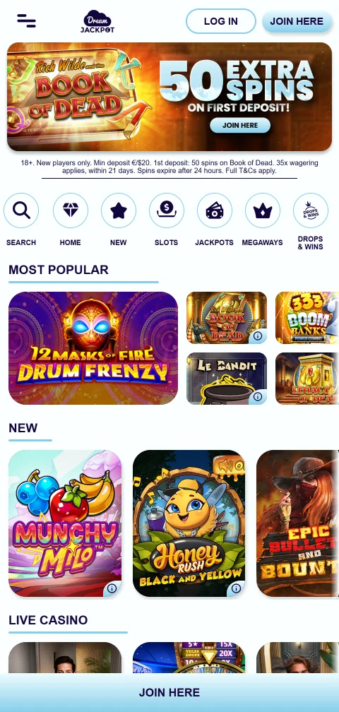 Dream Jackpot Casino mobile-responsive platform optimised for iOS and Android device compatibility