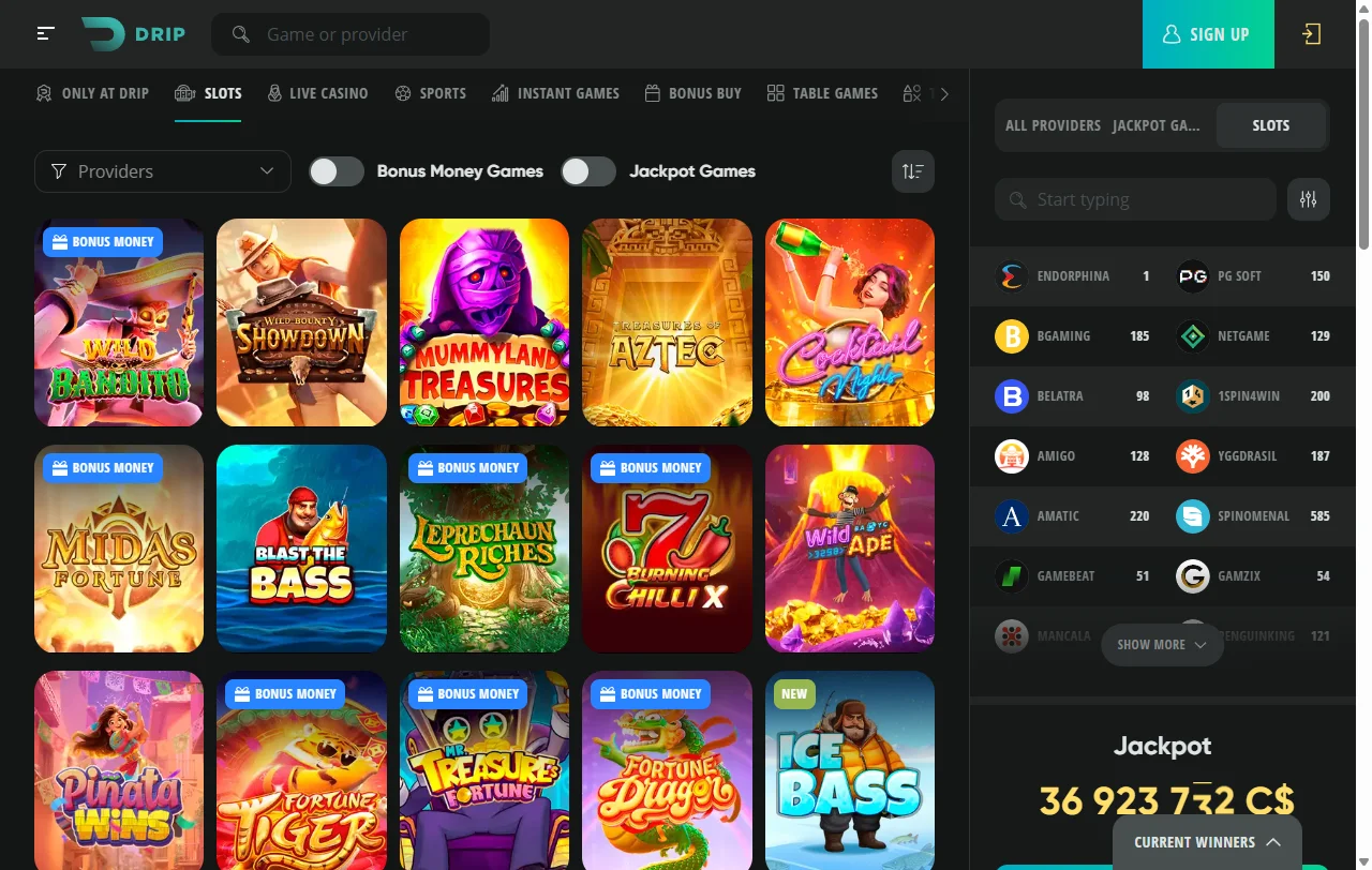 Drip Casino Australia desktop platform displaying comprehensive game library and account management features