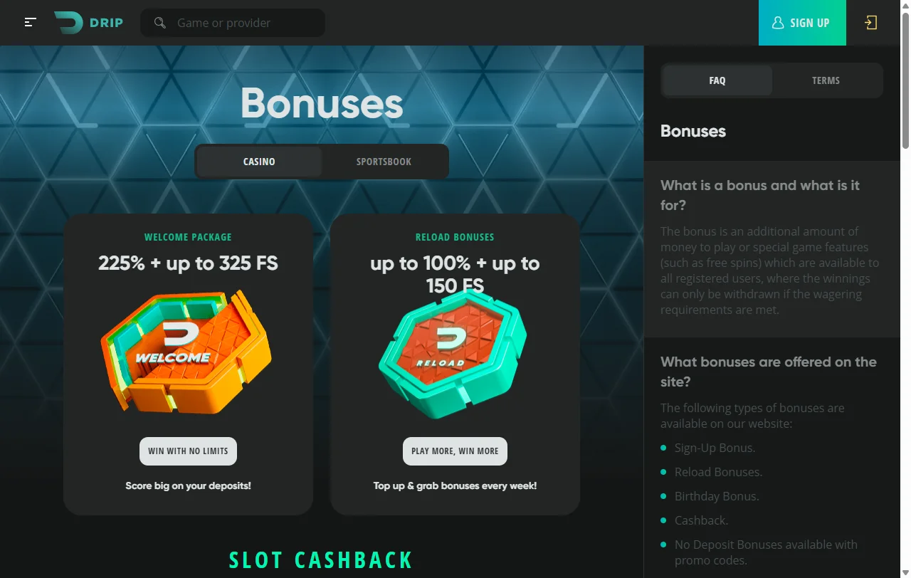 Drip Casino Australia welcome bonus promotion offering approximately 100% deposit match and free spins to new players
