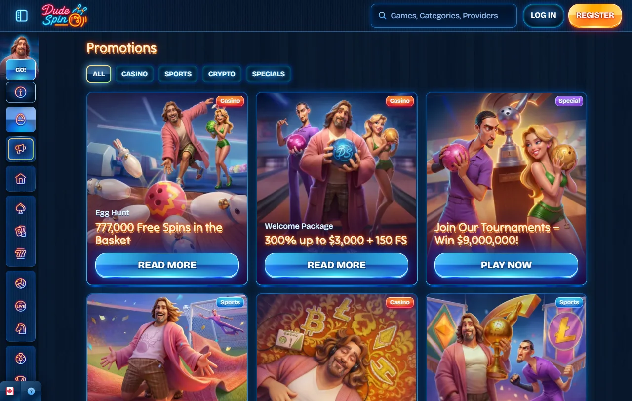 DudeSpin Casino game library featuring slots, live dealer tables and multiple software providers