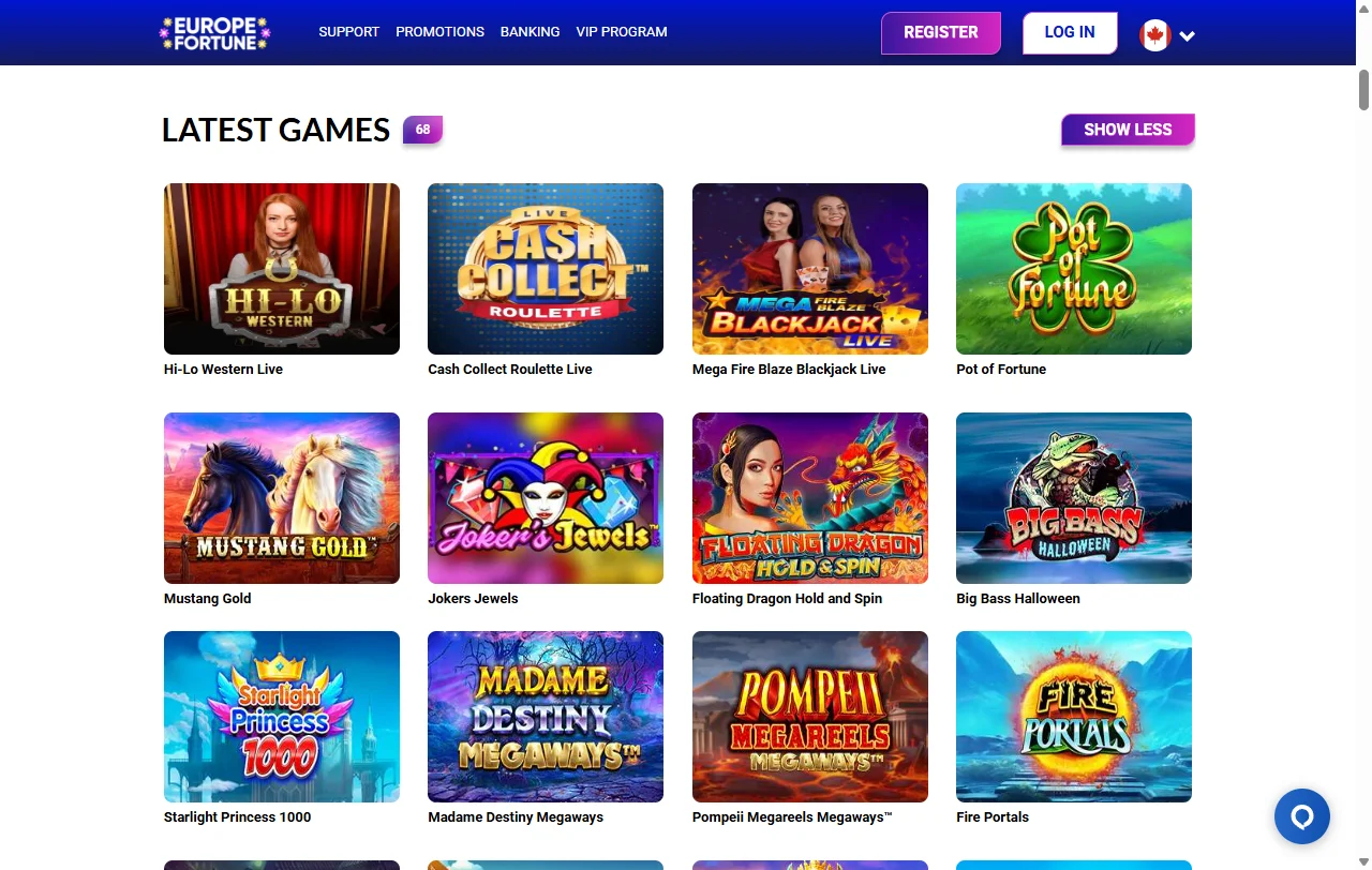 Welcome bonus promotion and loyalty program details displayed on Europe Fortune Casino homepage