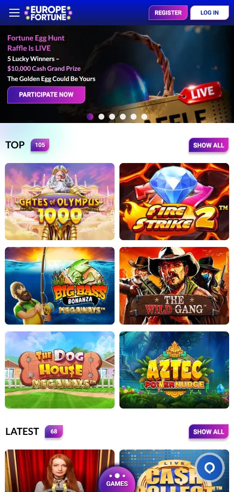 Europe Fortune Casino mobile browser interface optimised for iOS and Android smartphone gaming