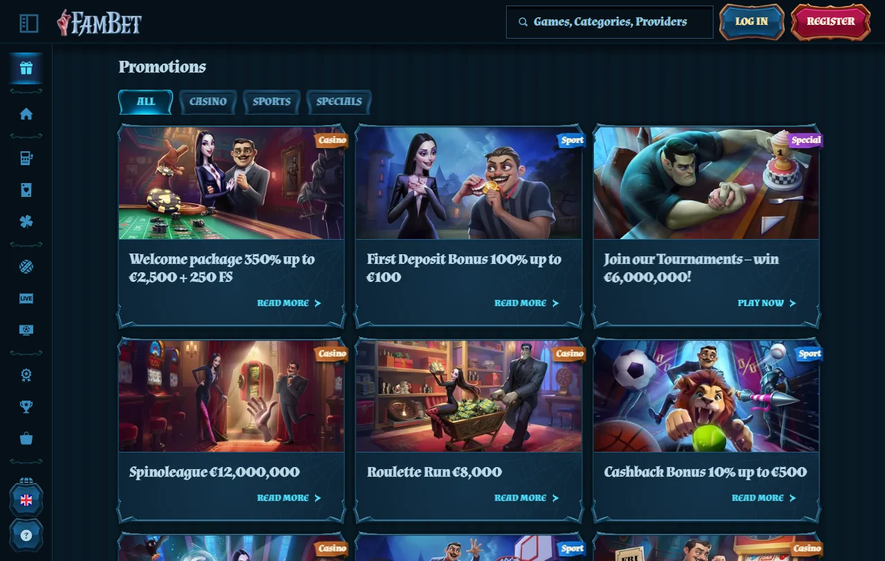 Game library showcase displaying diverse slots and table games available at Fambet Casino