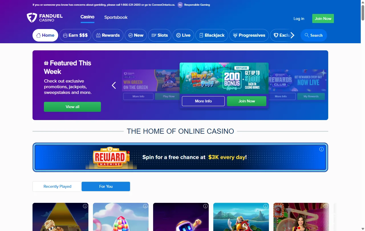 FanDuel Casino game library showcasing 3,500+ slots and table games from major software providers