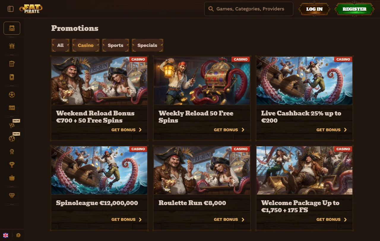 Game library showcase featuring 3,500+ titles and software providers at Fat Pirate Casino