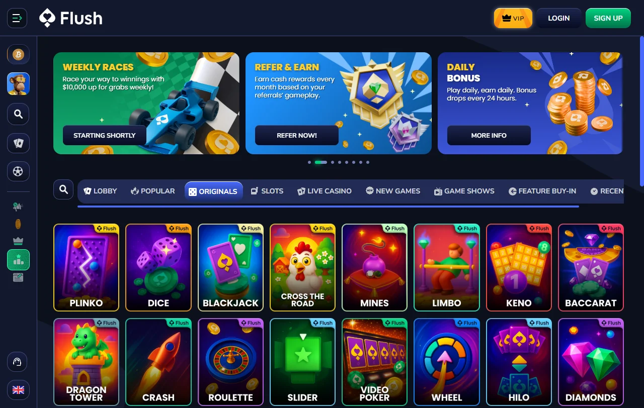 Extensive game library featuring slots, table games and live dealer titles from Flush Casino