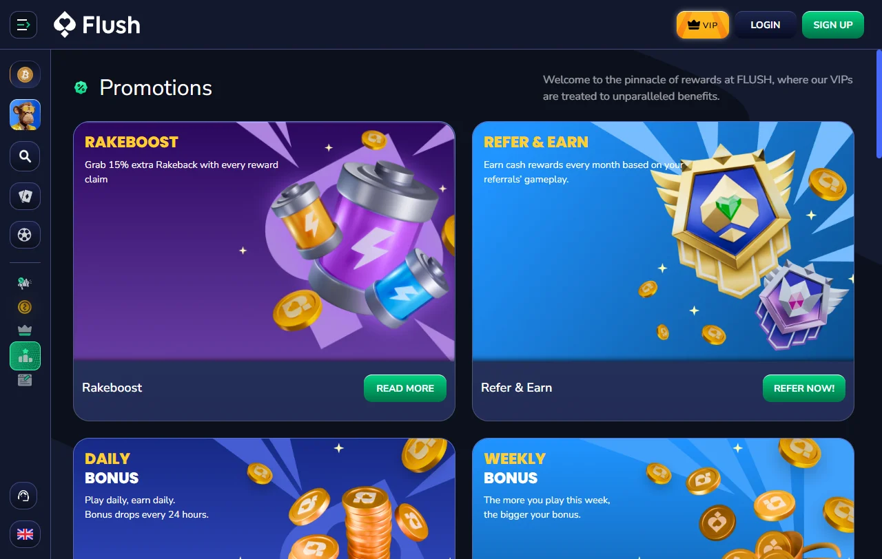 Welcome bonus package and promotional offers available at Flush Casino