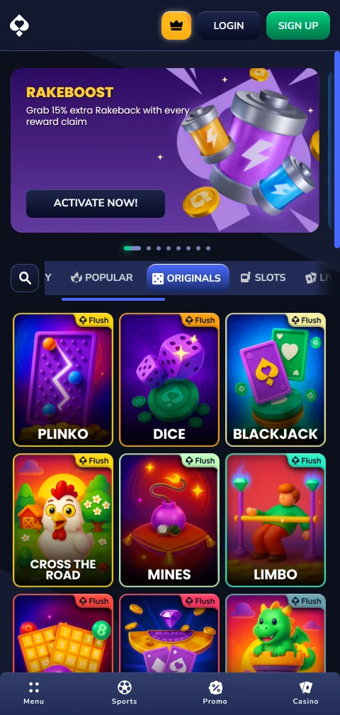 Deposit and withdrawal options available through Flush Casino mobile interface