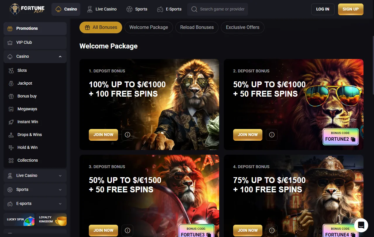 Fortuneplay Casino game library displaying slots, table games and live dealer offerings
