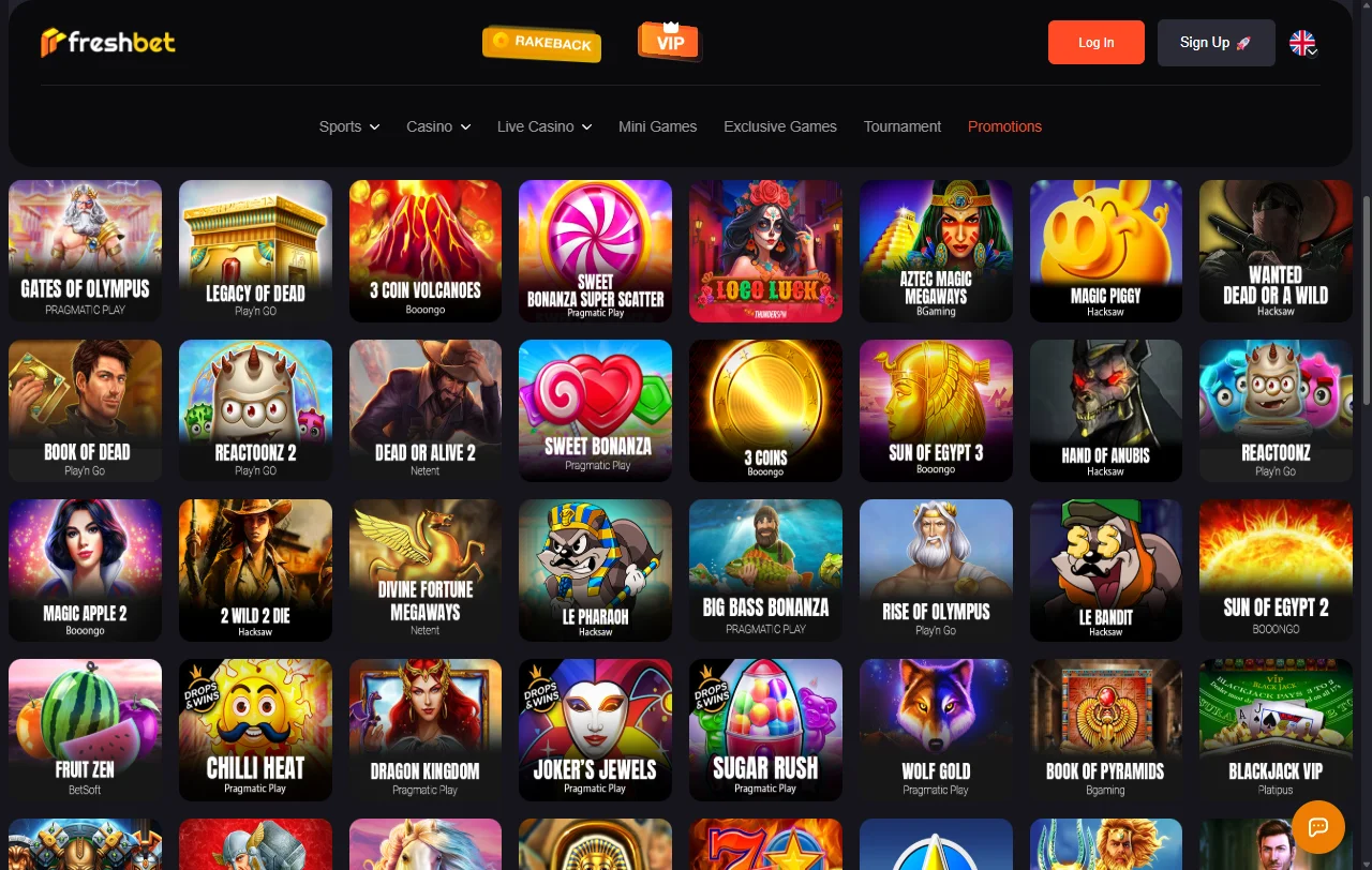 Freshbet Casino welcome bonus promotion and ongoing rewards displayed on the promotions page