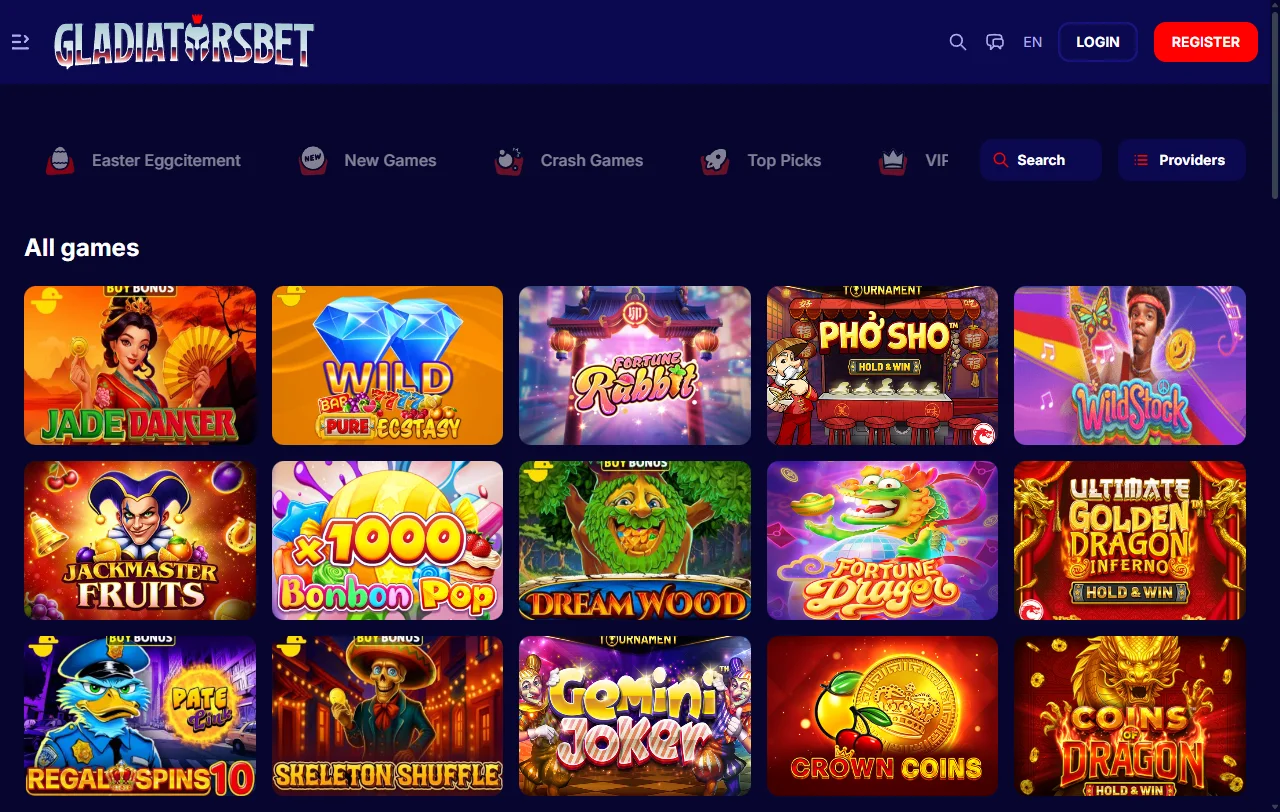 Gladiatorsbet Casino desktop platform featuring comprehensive game library and account management interface for Australian players