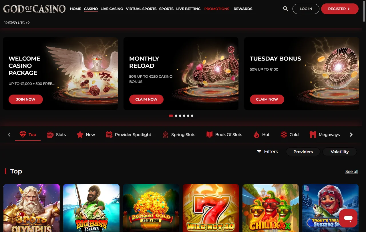 God of Casino game library featuring slots, table games and live dealer offerings