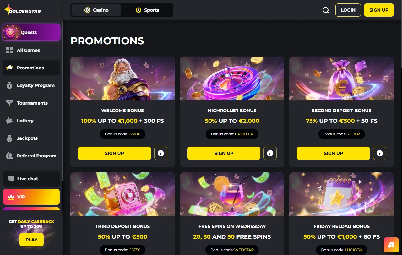 Golden Star Casino platform dashboard showing game library navigation and account management features for Australia players