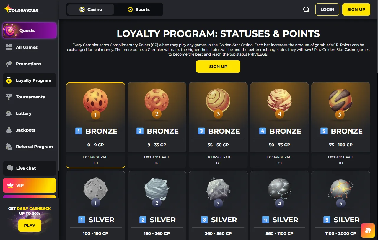 Bonus offers and promotional calendar displaying welcome bonus details and reload incentives at Golden Star Casino