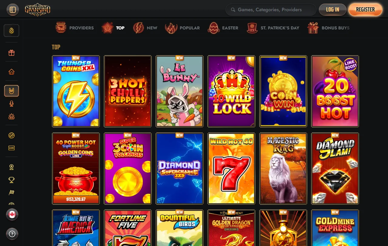 Game library showcase at Gransino Casino featuring slots, table games and live dealer options from multiple providers