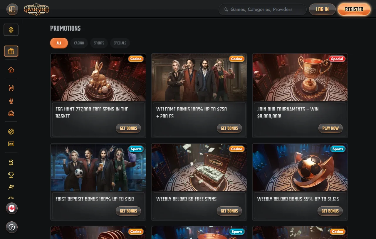 Welcome bonus promotion details at Gransino Casino including 100% match and free spins offer structure