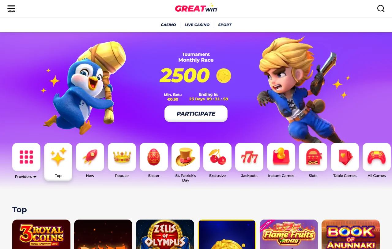 Game library overview - slots, table games and live dealer options at GreatWin Casino
