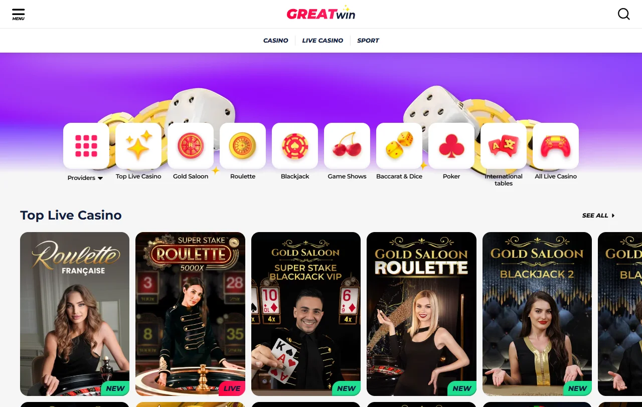 Bonus promotions including welcome package and reload offers available at GreatWin Casino