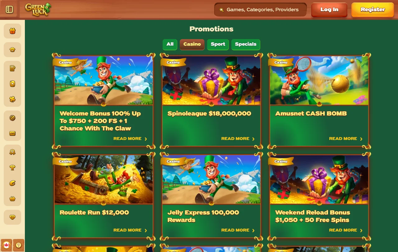 Game library showcase at GreenLuck Casino featuring 3,500+ slots and table games from Evolution Gaming and Pragmatic Play