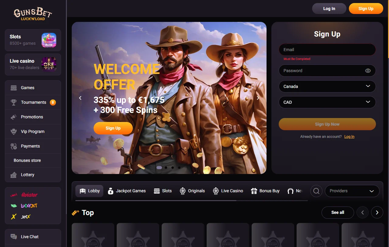 Gunsbet Casino desktop review showing complete platform overview with game lobby and navigation menu