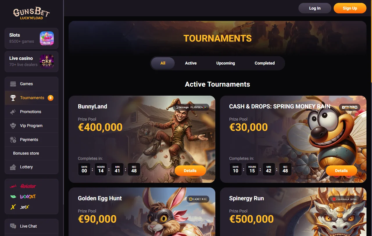 Slots and table games portfolio at Gunsbet Casino featuring Pragmatic Play and Evolution Gaming titles