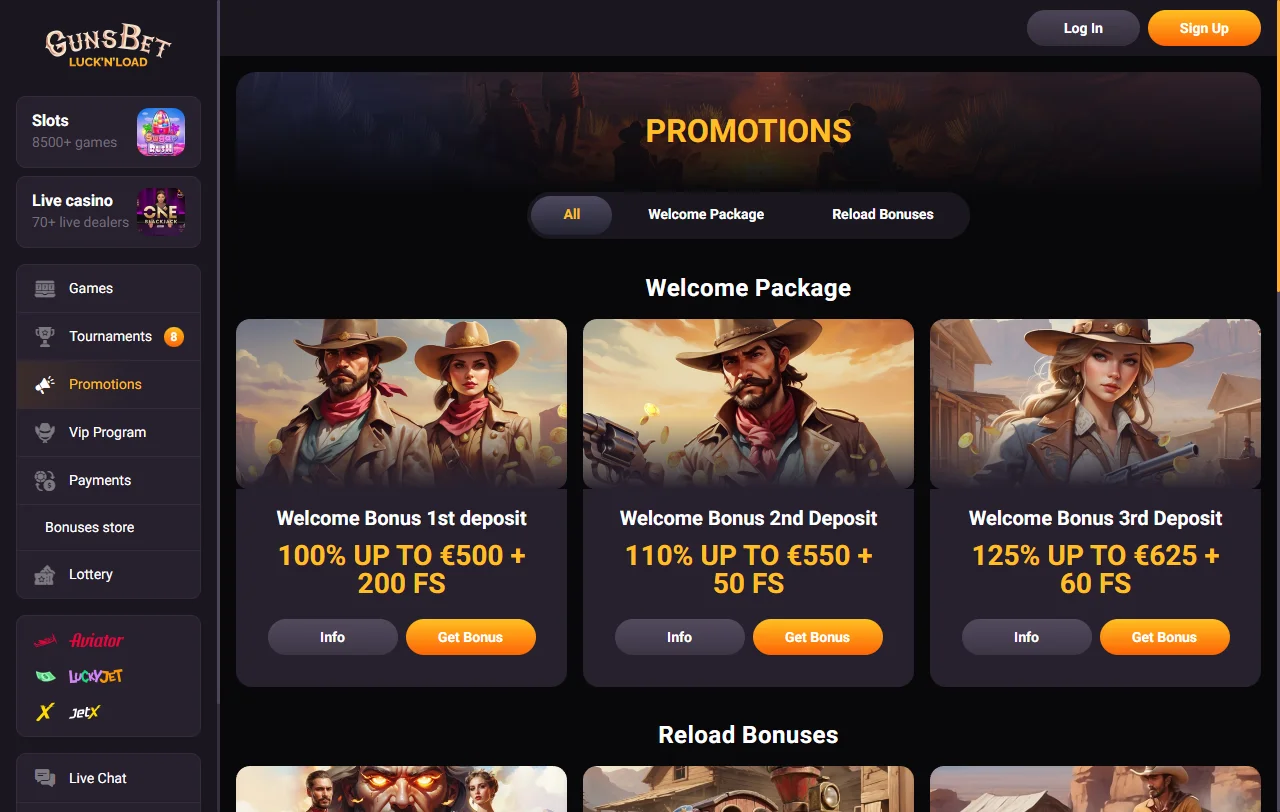 Gunsbet Casino welcome bonus offer and promotional campaigns for new player registration