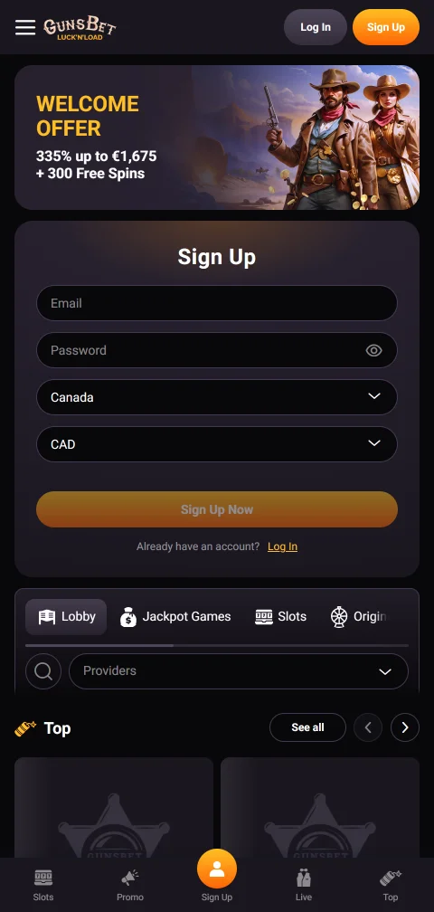 Gunsbet Casino mobile gaming interface optimised for iOS and Android devices