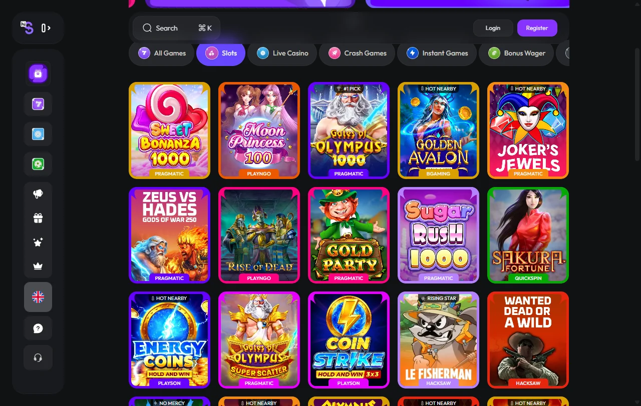 Hispin Casino slot games collection featuring NetEnt and Pragmatic Play titles with filtering options