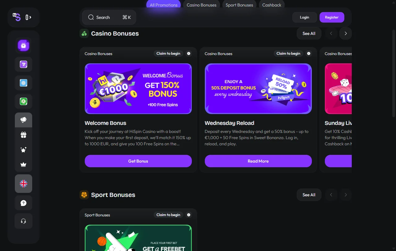 Hispin Casino welcome bonus promotion displaying approximately 100% match offer up to 500 AUD