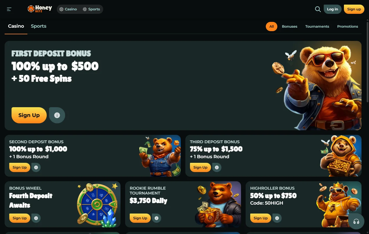 HoneyBetz Casino game library featuring slots, table games and live dealer titles from multiple providers