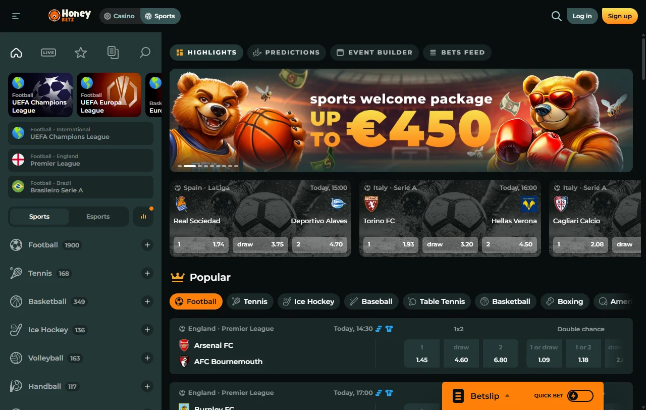 HoneyBetz Casino welcome bonus package and promotional calendar for new and existing players