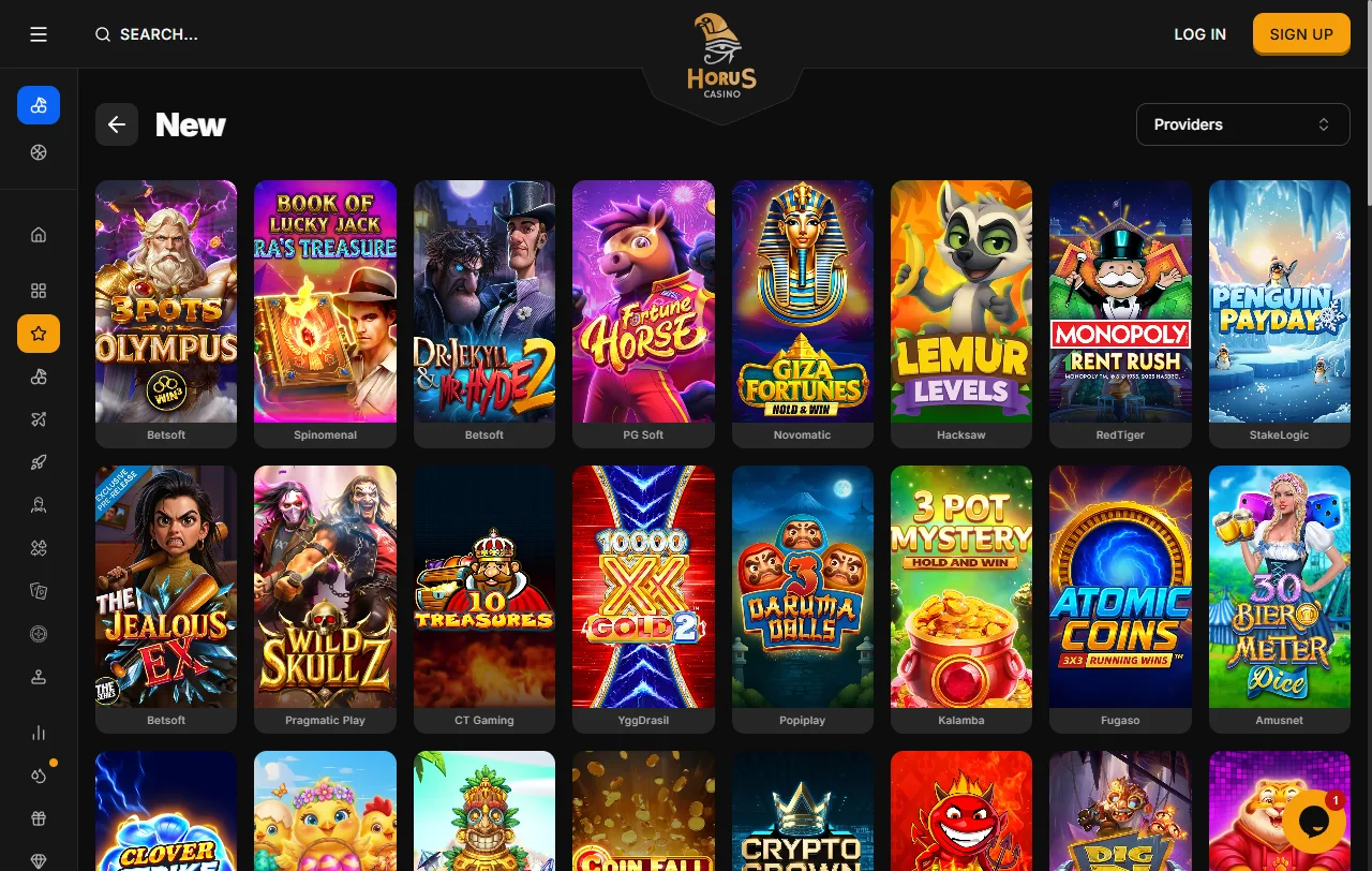 Extensive game library at Horus Casino including slots, table games, and live dealer titles from major providers