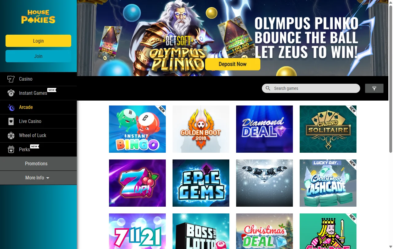 Pokies and table games available at House of Pokies Casino with provider variety and game selection