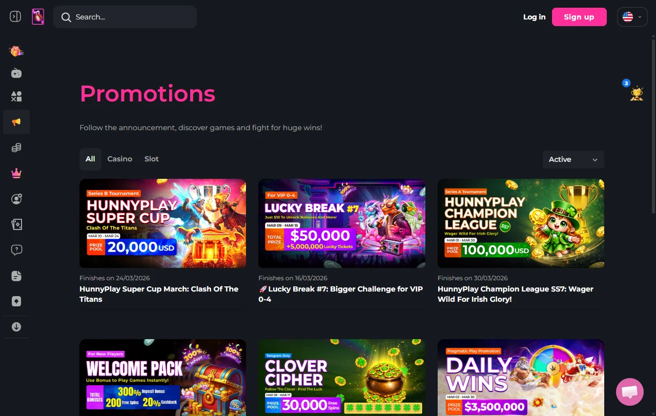 Hunnyplay Casino welcome bonus package offering approximately 100% deposit match plus free spins for new players