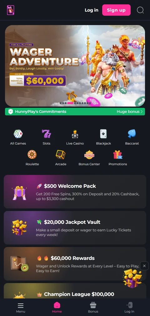 Hunnyplay Casino mobile gaming platform accessible on iOS and Android devices through responsive browser design