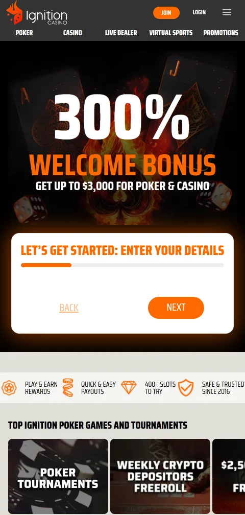 Ignition Casino mobile browser gaming experience and responsive design functionality