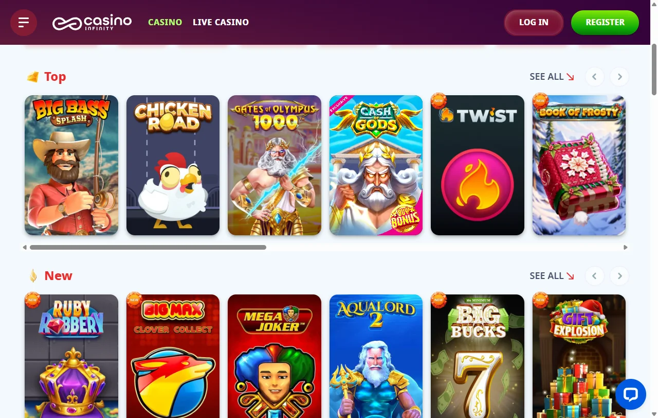 Infinity Casino game library showcasing slots, table games and live dealer experiences from major providers