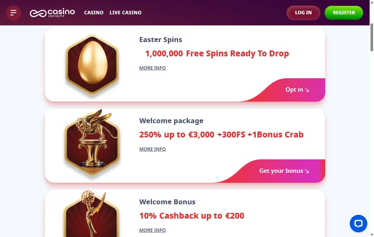 Infinity Casino welcome bonus structure and promotional offers for new player accounts