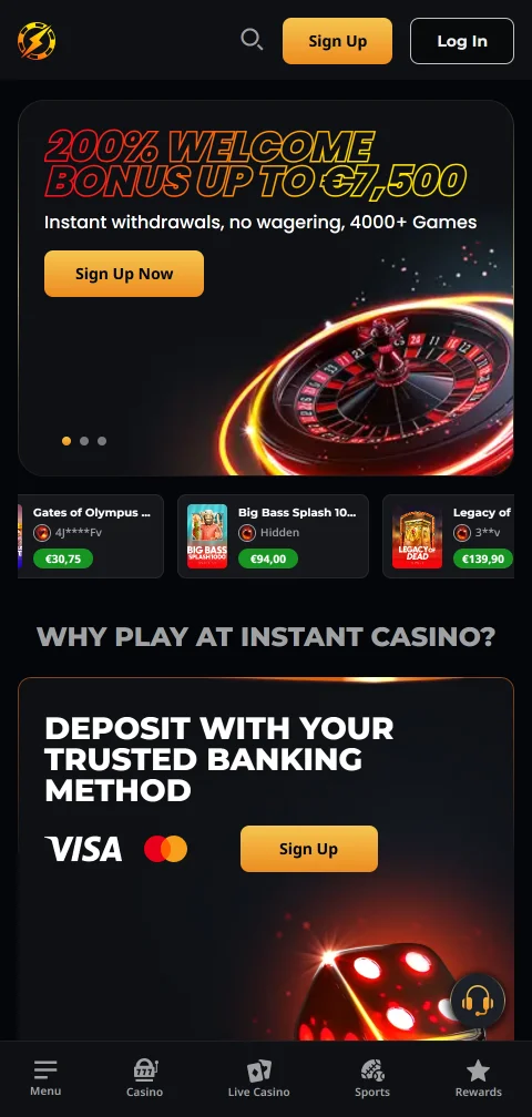 Instant Casino mobile gaming platform accessible on smartphones and tablets