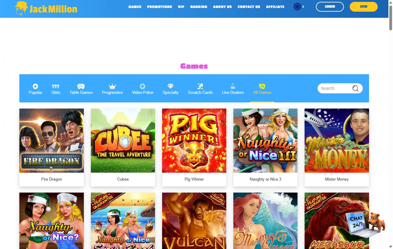 Slots library and game providers featured on Jack Million Casino desktop platform - extensive game selection overview